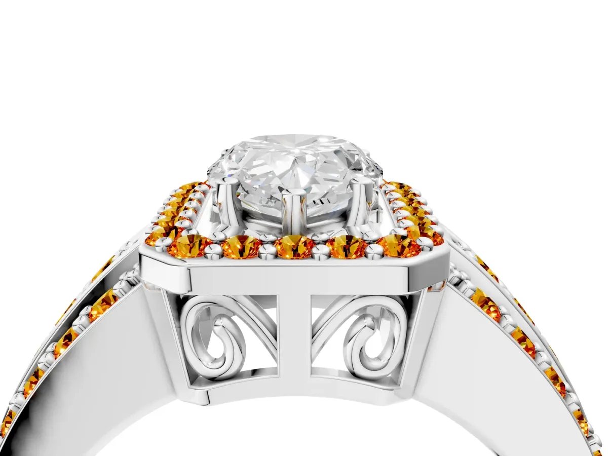 Pear Cut Halo Diamond Ring with Round Citrine Split Shank and Prong Setting Silver