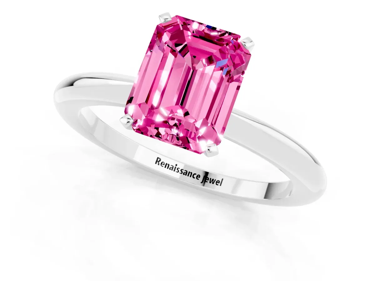 Emerald Cut Pink Sapphire Solitaire Ring with Six-Prong Setting and Classic Band Silver
