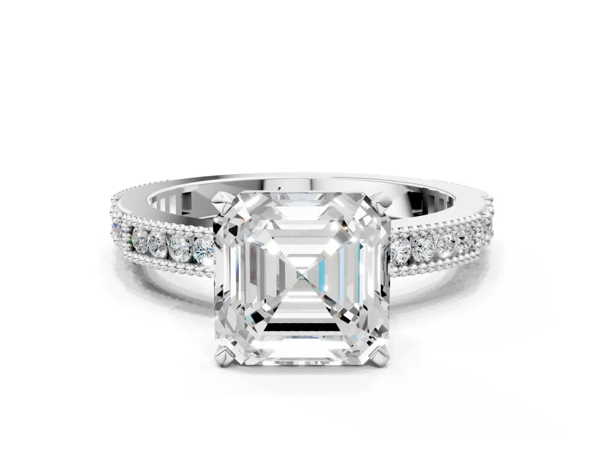 Asscher Cut Solitaire with Pavé Band and Four-Prong Setting Silver