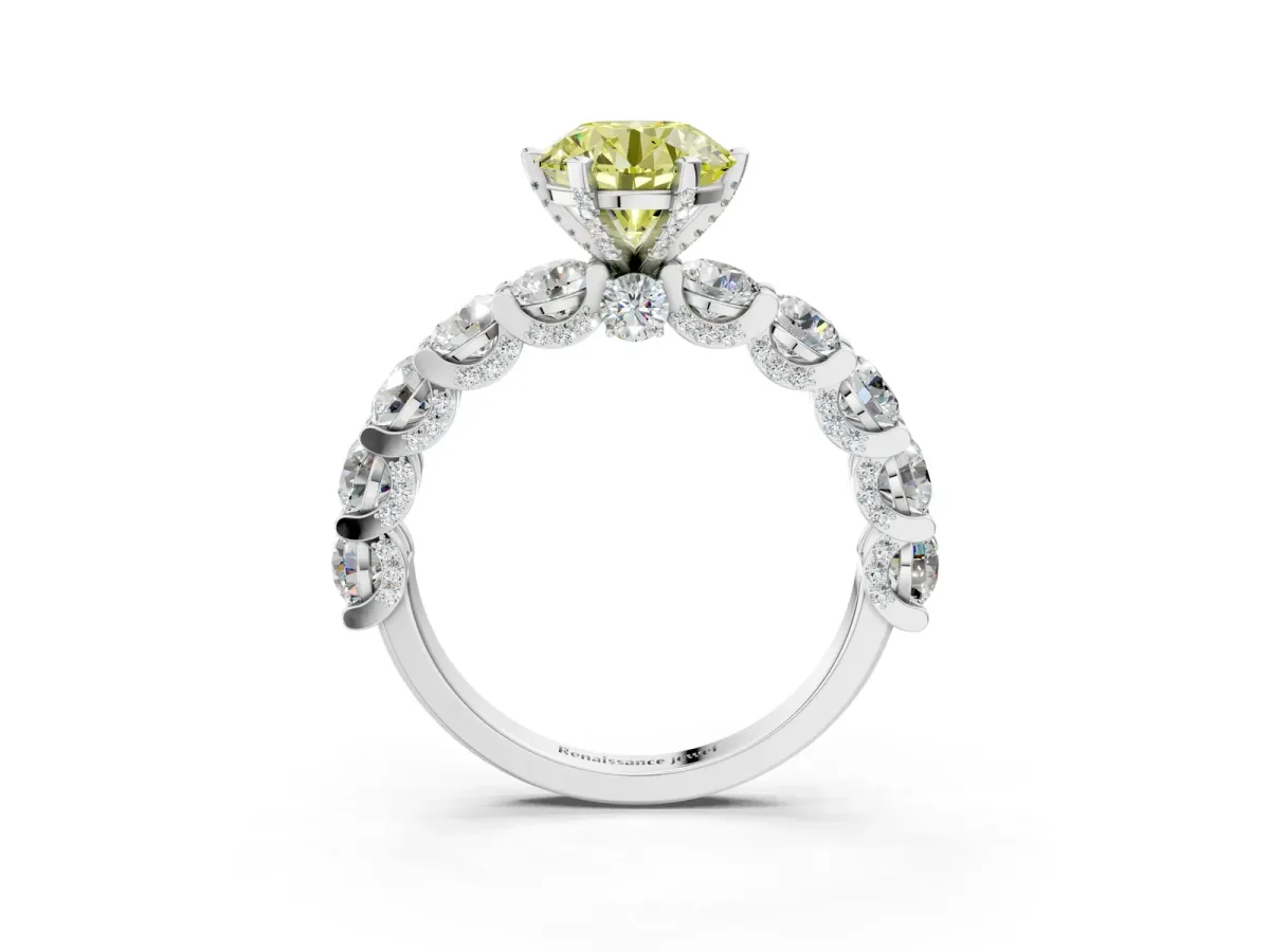 Fancy Yellow Round Cut Diamond Side Stone Engagement Ring with Four-Prong Setting White gold