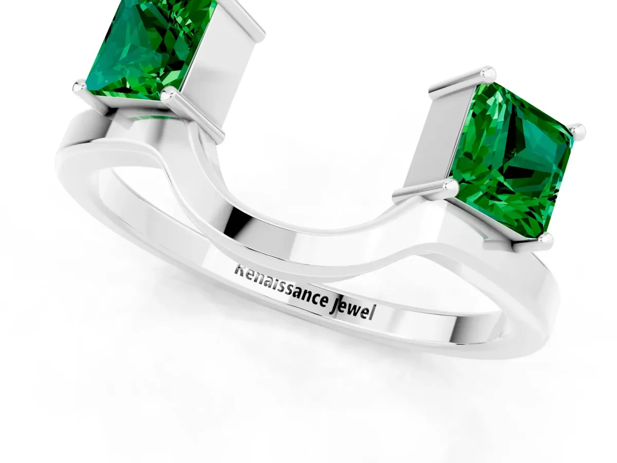 Princess Cut Emerald Two-Stone Open Band Ring with Four-Prong Setting White gold