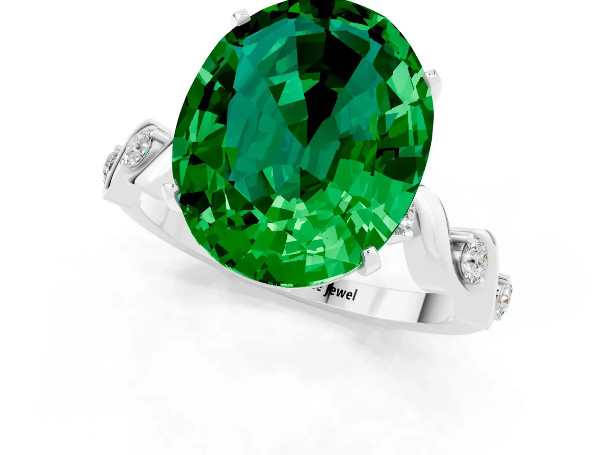 Oval Cut Emerald Solitaire Twisted Band with Round Accents and Prong Setting Silver