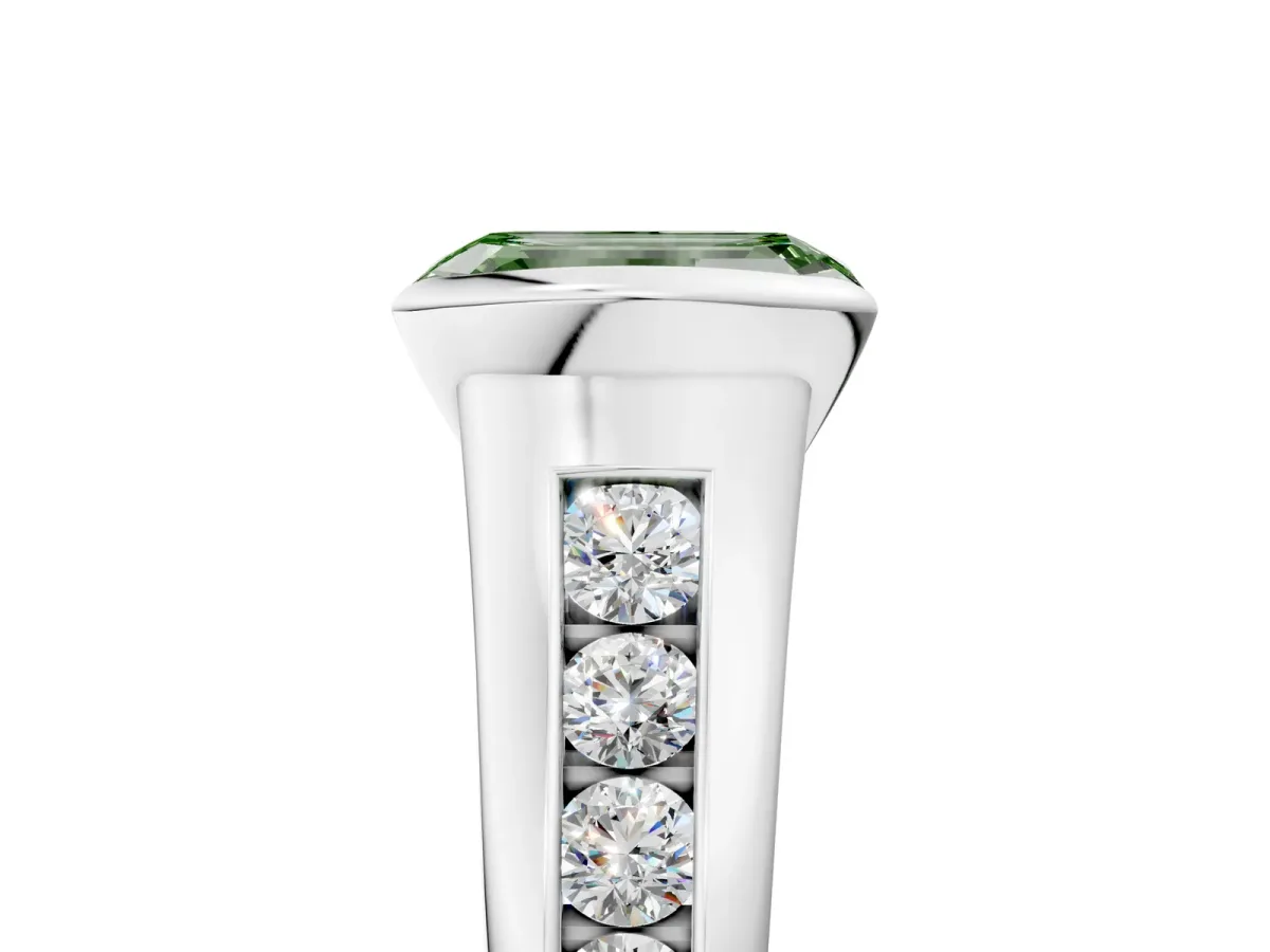 Fancy Green Emerald Cut Solitaire Bezel-Set Diamond Ring with Channel-Set Band Platinum