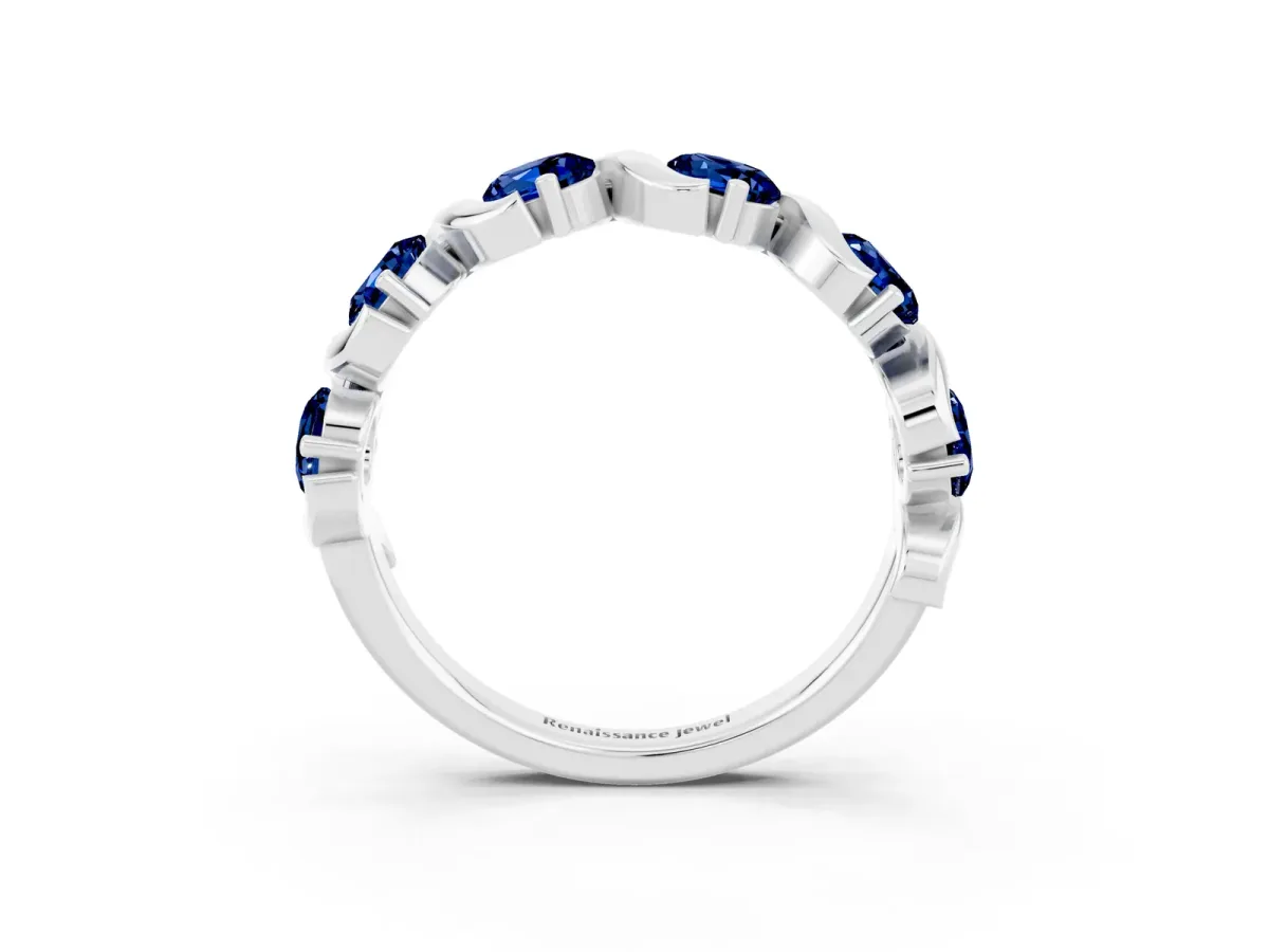 Round Blue Sapphire Half Eternity Band with Wave Prong Setting Silver