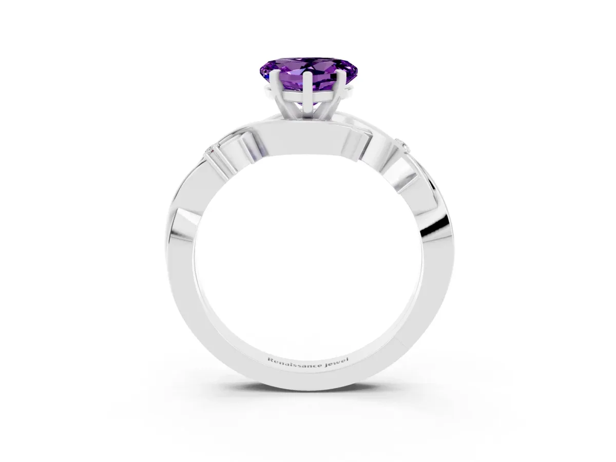 Heart Cut Amethyst Solitaire Ring with Twisted Band and Prong Setting Silver