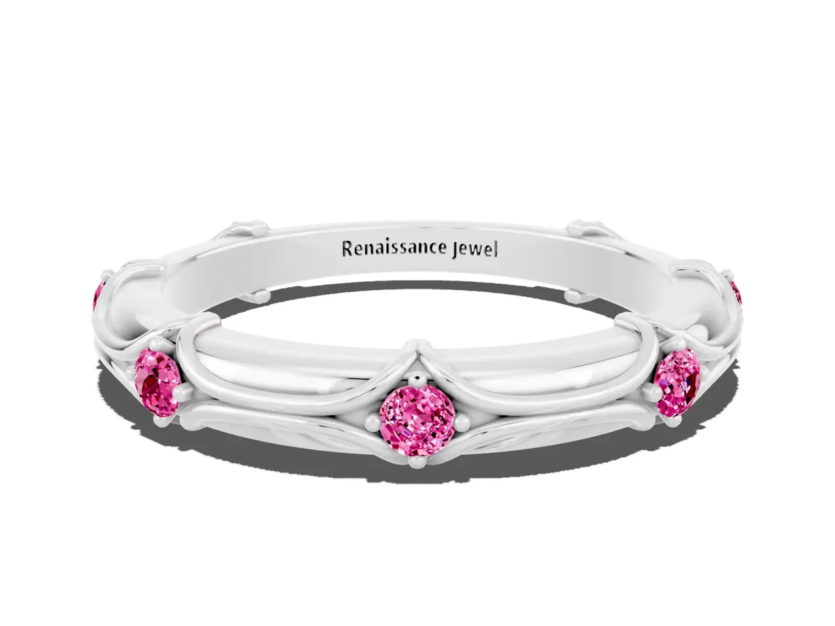 Round Pink Sapphire Prong Set Milgrain Eternity Band Silver