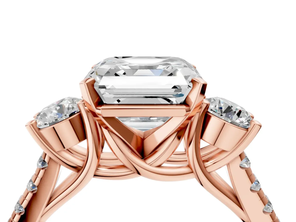 Three-Stone Asscher Cut Diamond Pavé Band with Four-Prong Setting Rose gold