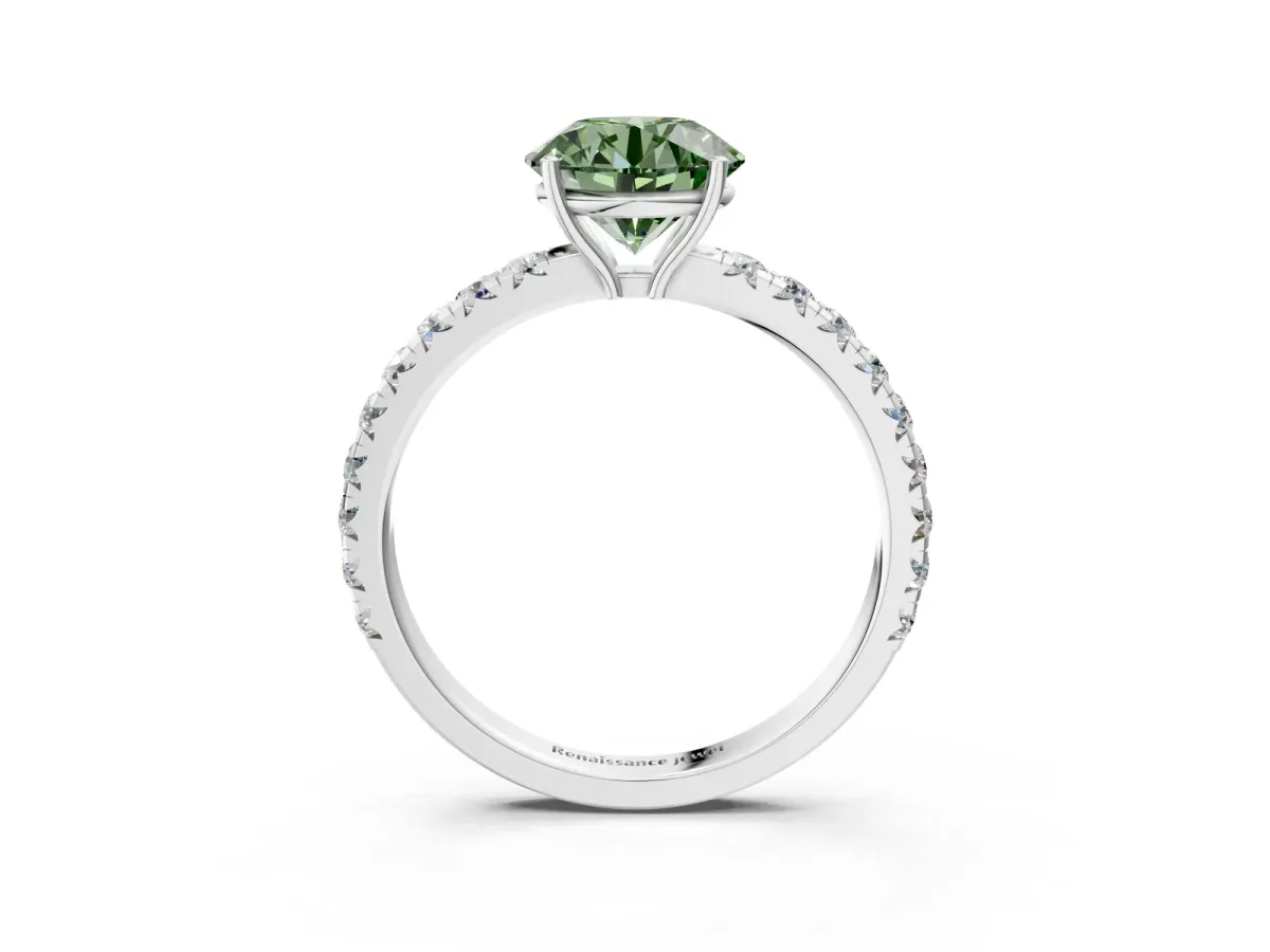 Fancy Green Round Cut Diamond Pavé Solitaire Engagement Ring with Four-Prong Setting Silver