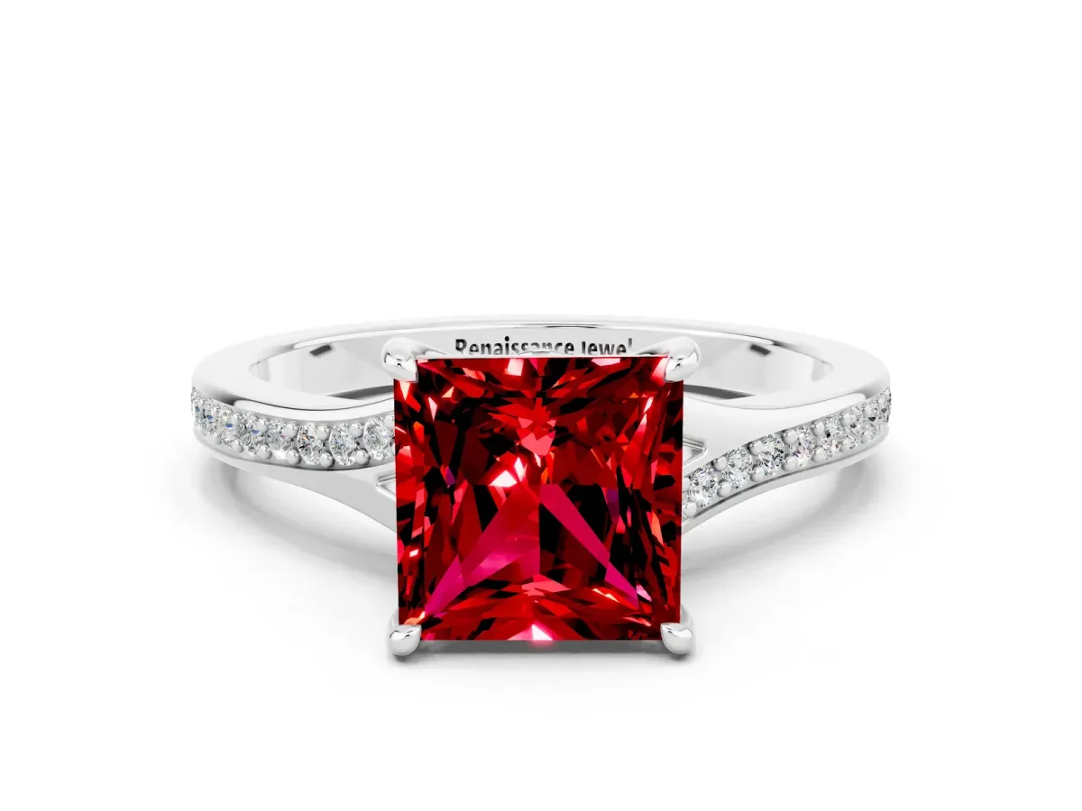 Princess Cut Ruby Solitaire Ring with Pavé Band and Prong Setting Silver