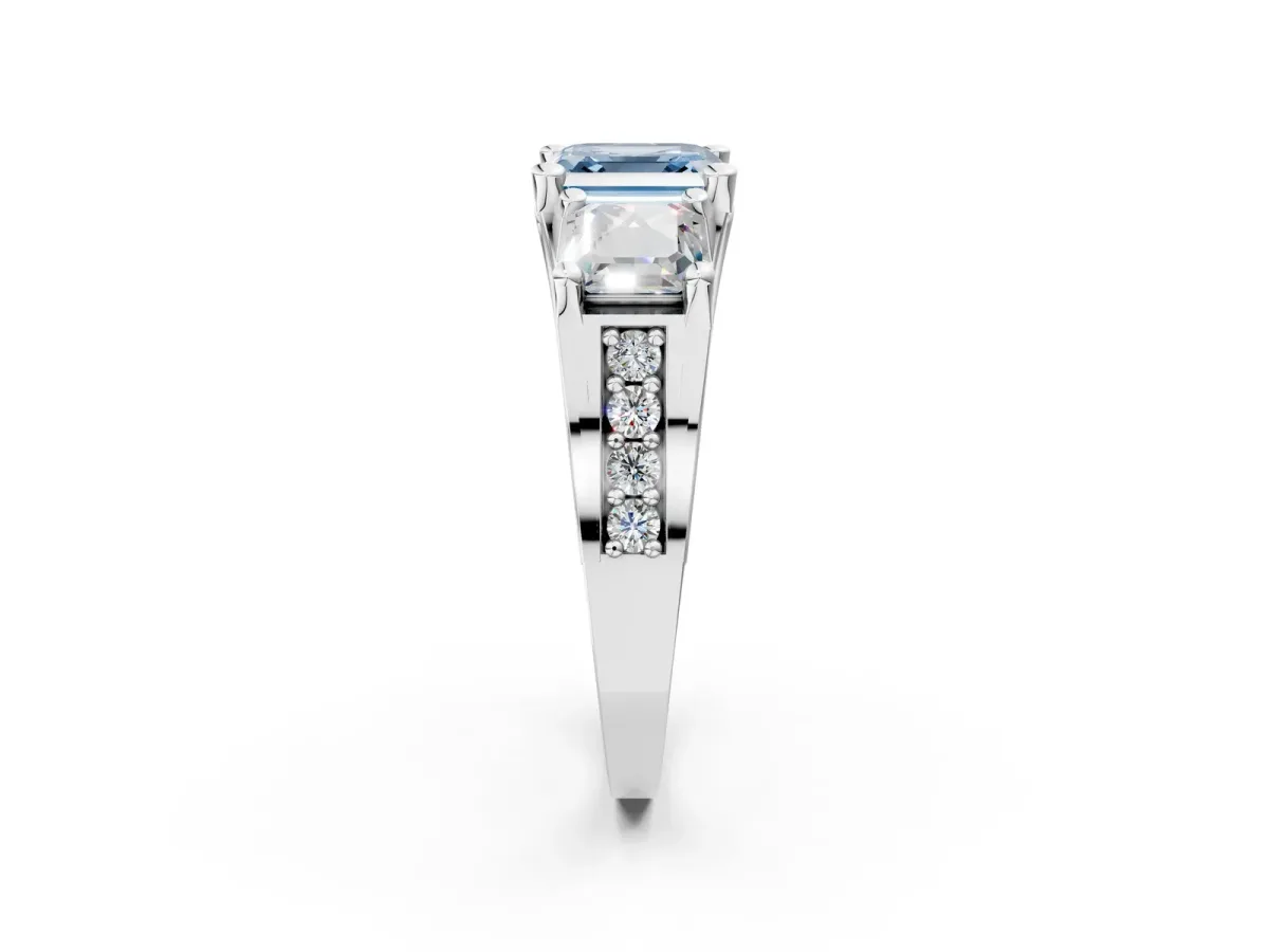 Fancy Blue Asscher Cut Diamond Three-Stone Ring with Channel Set Band and Four-Prong Setting Platinum