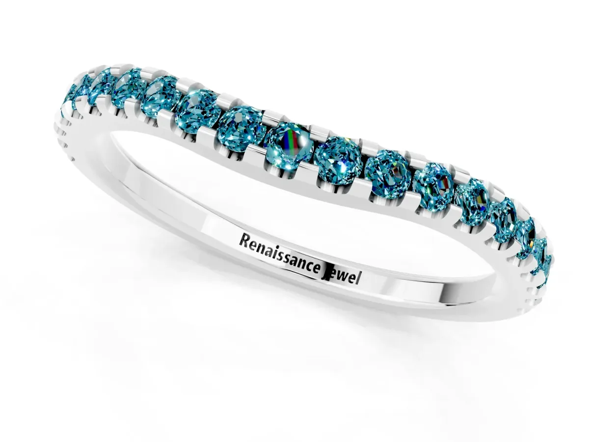 Round Blue Topaz Pavé Curved Wedding Band Platinum