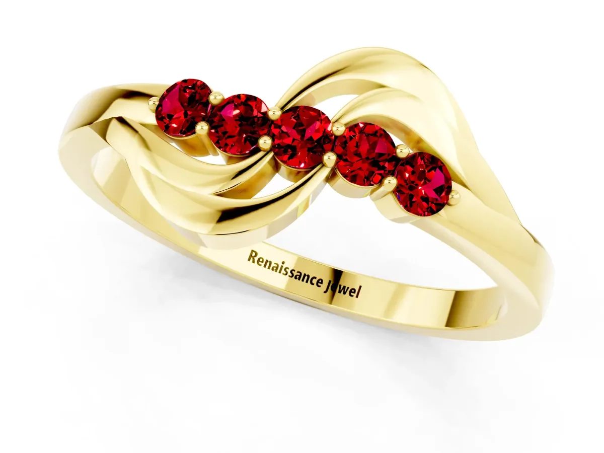 Five-Stone Round Ruby Crossover Band with Prong Setting Yellow gold