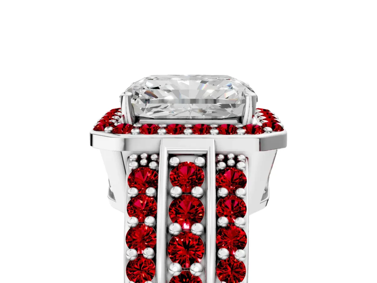 Radiant Cut Halo Diamond Ring with Round Ruby Split Shank and Prong Setting Silver