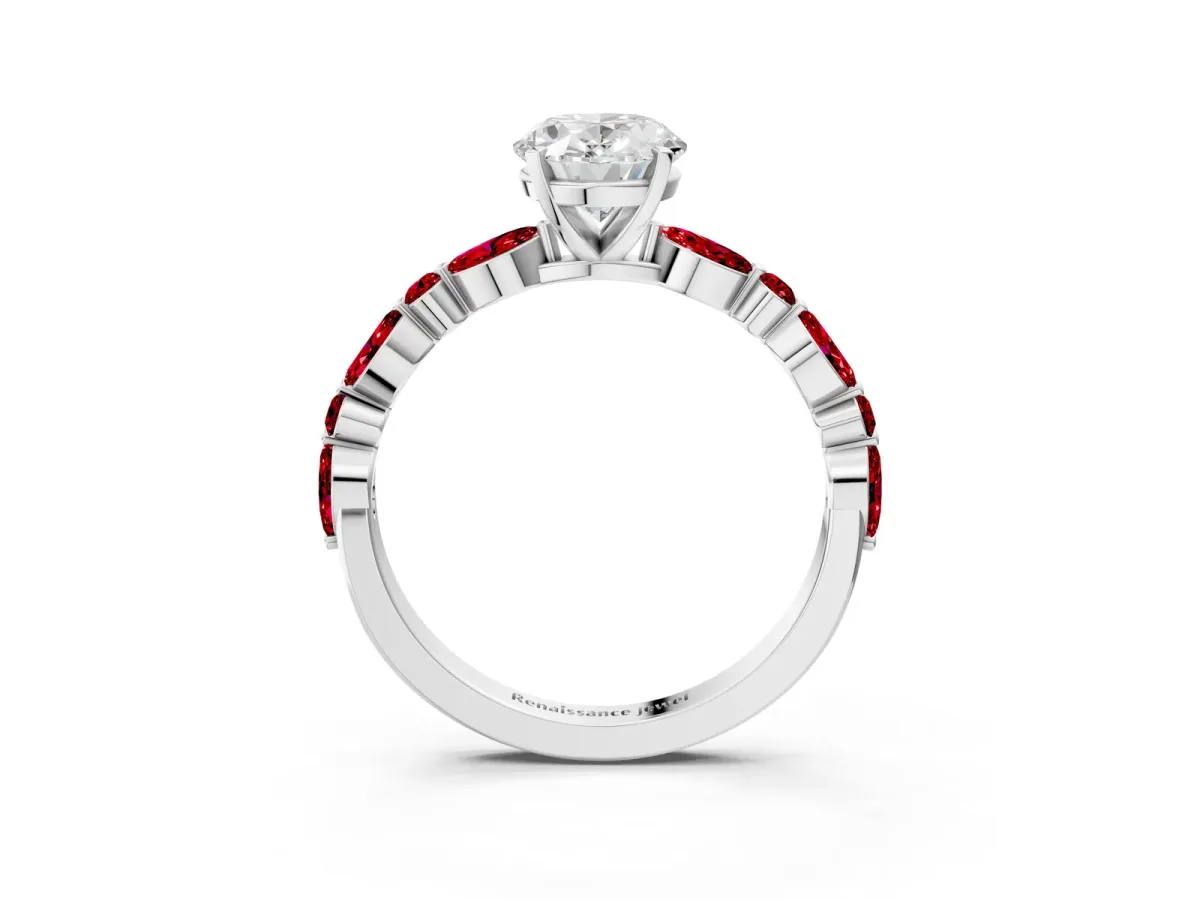 Oval Cut Diamond Ring with Marquise and Round Ruby Side Stones and Four-Prong Setting Platinum