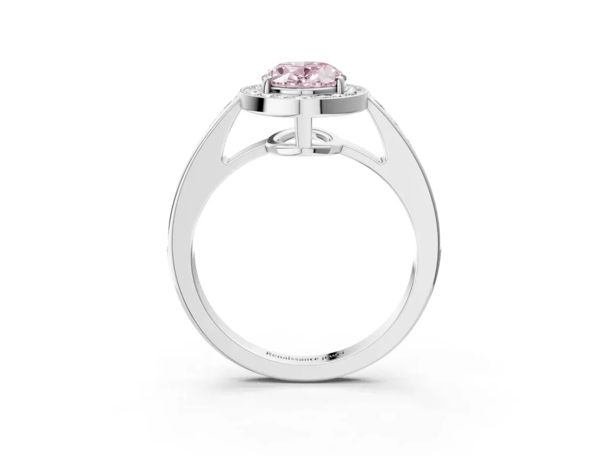 Fancy Pink Oval Cut Halo Pavé Diamond Engagement Ring with Bezel Setting Silver