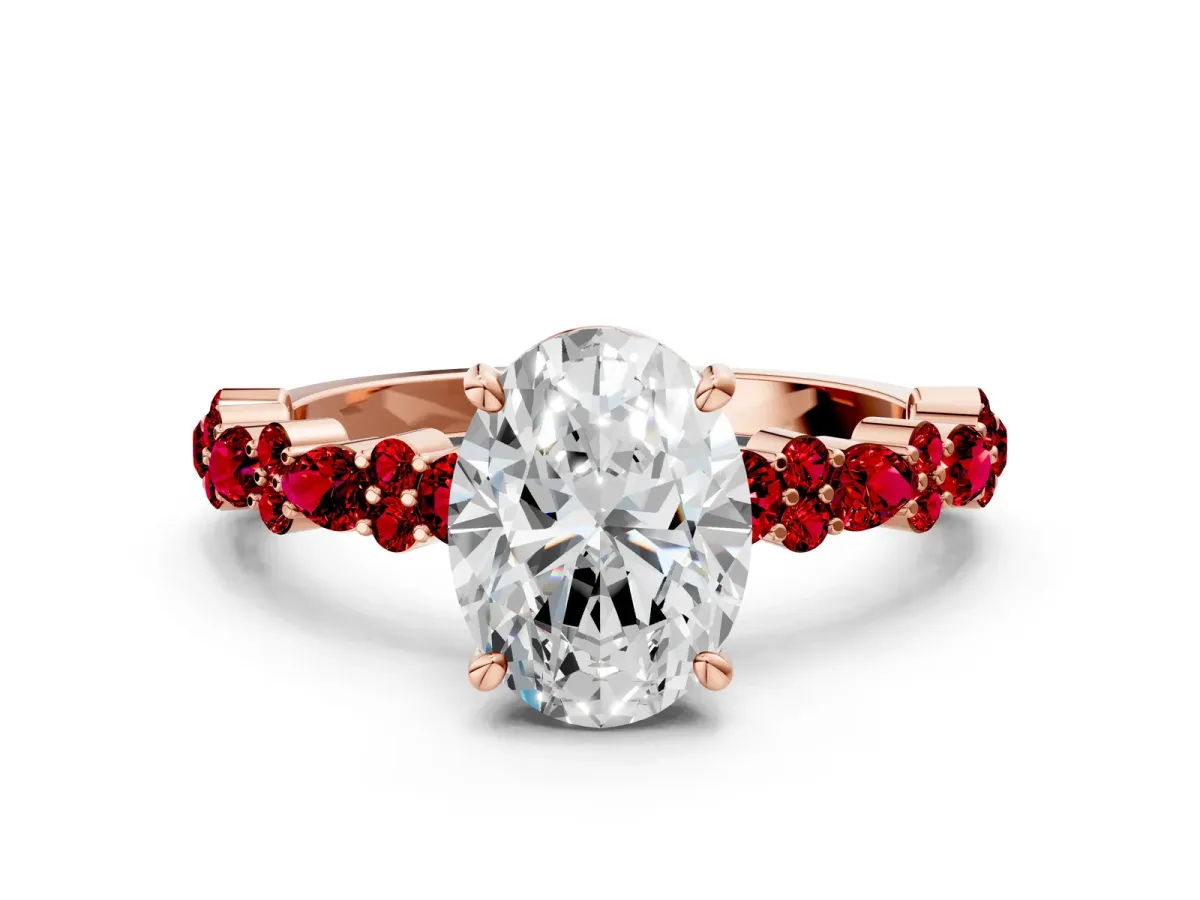 Oval Cut Diamond Side Stone Solitaire Ring with Round Ruby and Four-Prong Setting Rose gold
