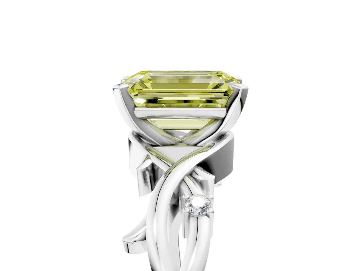 Fancy Yellow Emerald Cut Diamond Solitaire Ring with Twisted Band and Prong Setting White gold
