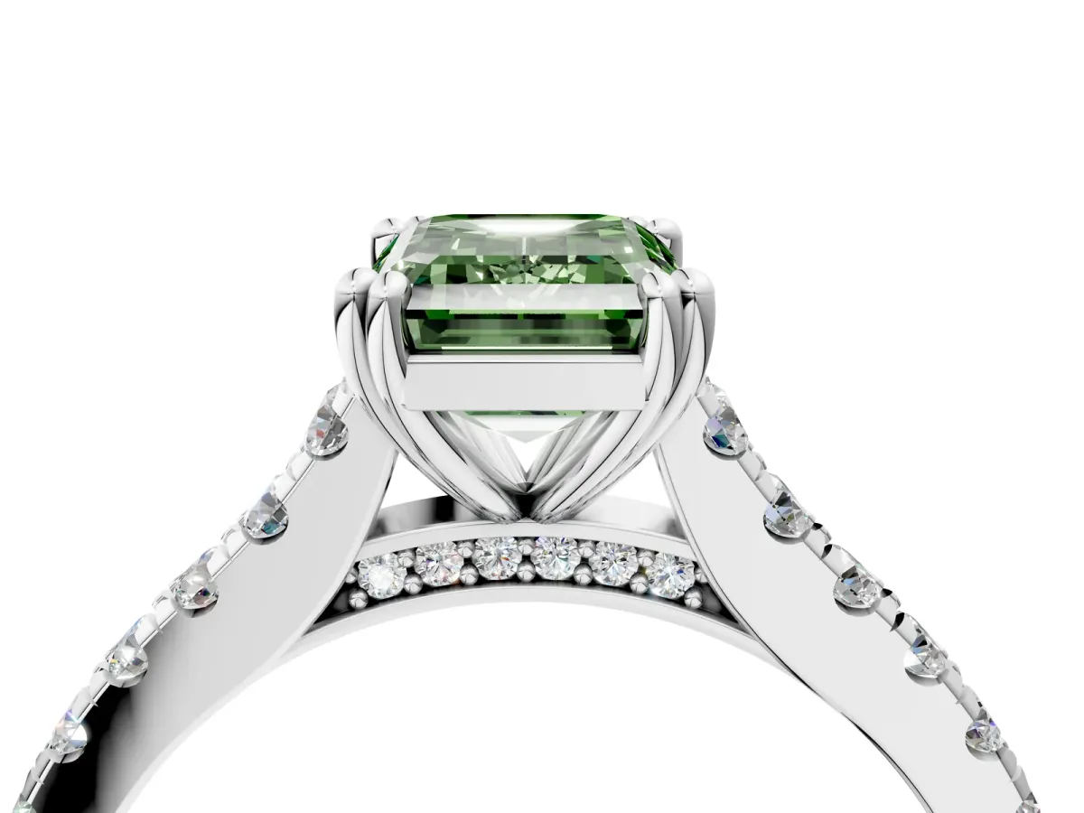 Fancy Green Emerald Cut Solitaire Pave Diamond Engagement Ring with Prong Setting White gold