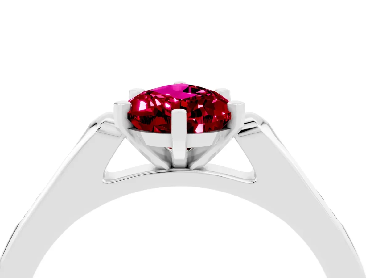 Pear Cut Garnet Solitaire Ring with Channel Set Round Band and Prong Setting Platinum