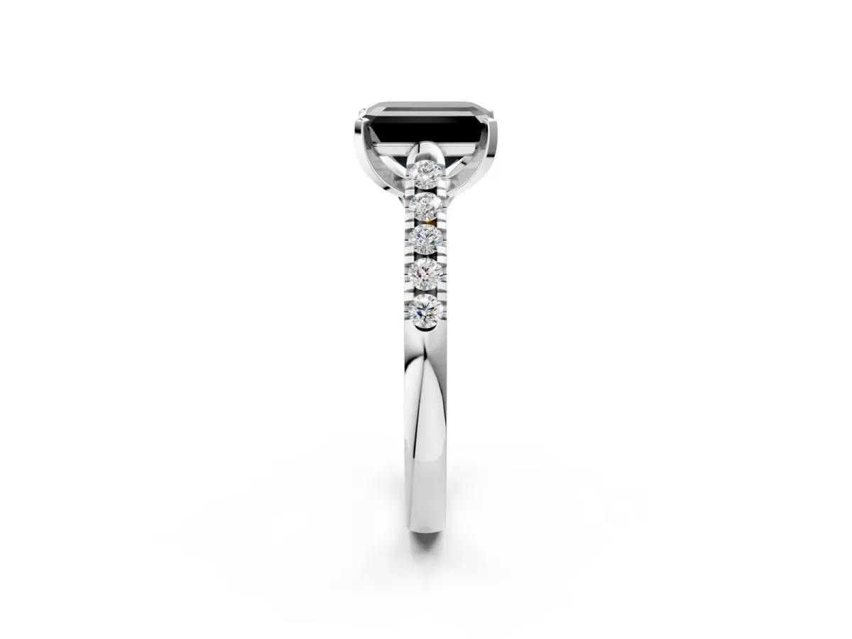 Fancy Black Emerald Cut Diamond Pavé Band Solitaire Ring with Prong Setting Platinum