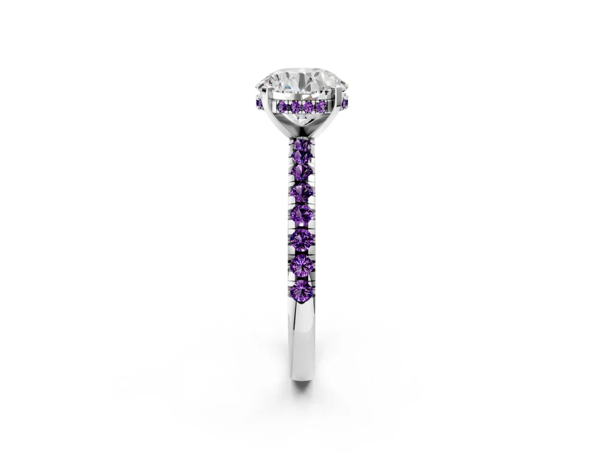 Round Cut Diamond Solitaire Ring with Round Amethyst Pavé Band and Four-Prong Setting Silver