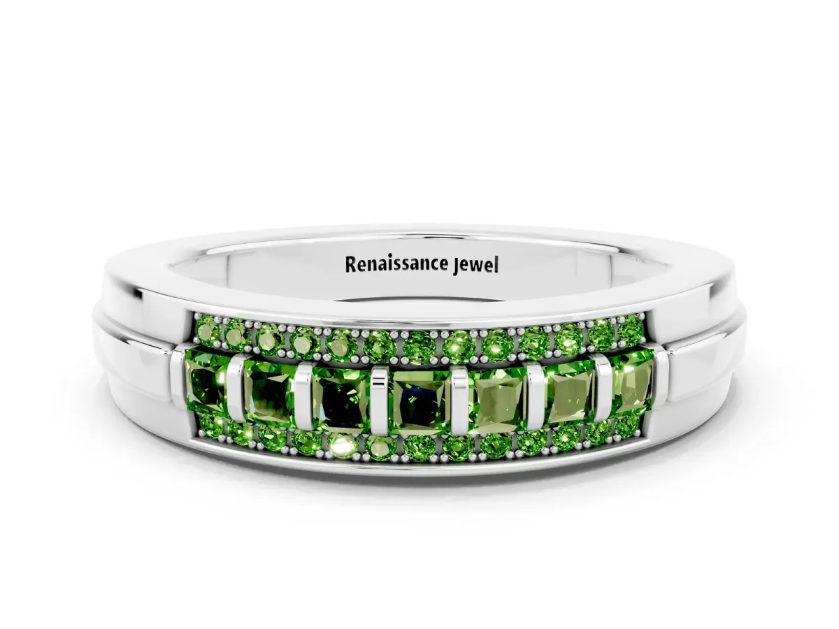 Bar-Set Princess Cut Peridot Pavé Band Silver