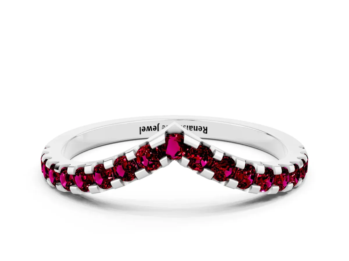 Pavé Round Garnet Chevron Band with Shared Prong Setting Silver
