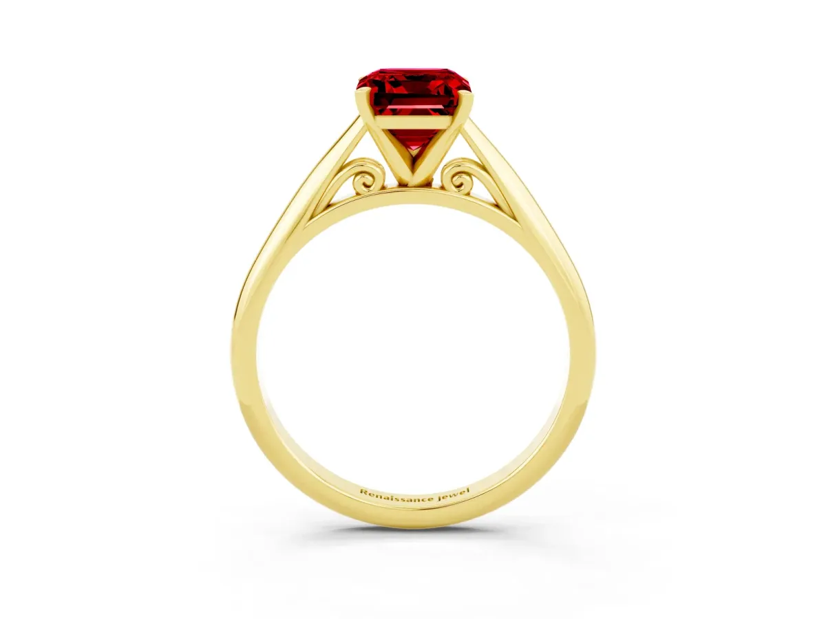 Emerald Cut Ruby Solitaire Engagement Ring with Cathedral Setting and Four-Prong Mount Yellow gold