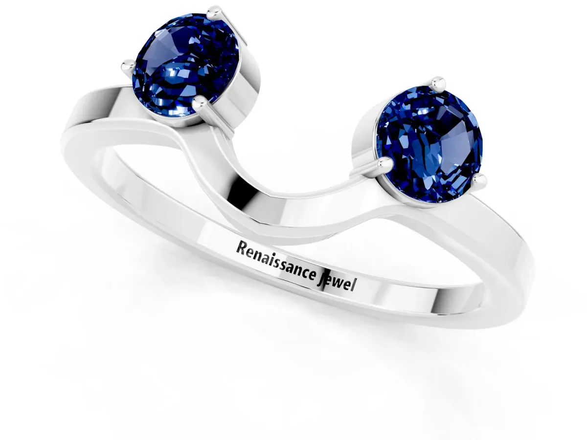 Dual Round Blue Sapphire Open Band Ring with Prong Setting Platinum