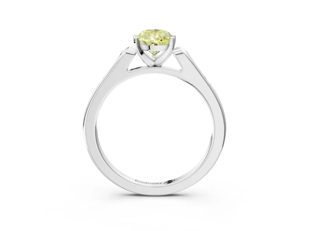 Fancy Yellow Pear Cut Diamond Solitaire Ring with Channel Set Round Band and Prong Setting Silver
