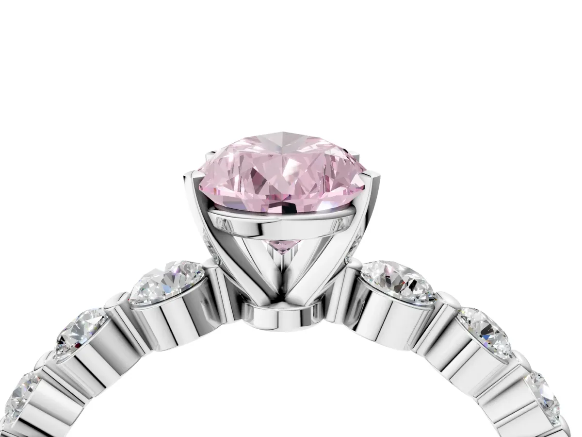 Fancy Pink Pear Cut Solitaire Diamond Ring with Pave Band and Four-Prong Setting Silver