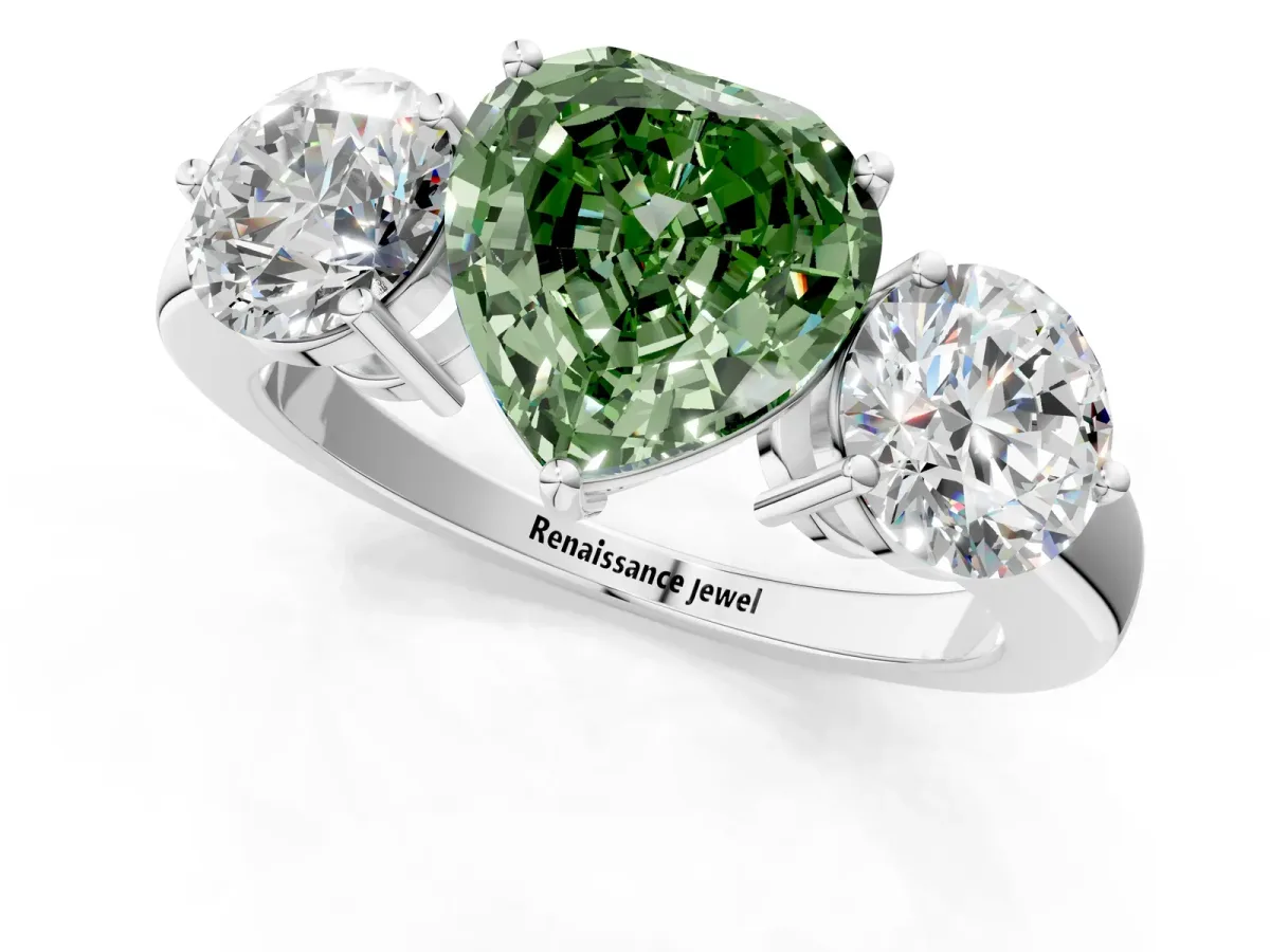 Fancy Green Heart Cut Diamond Three-Stone Ring with Prong Setting and Classic Band Platinum