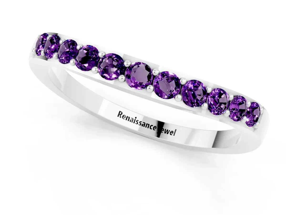 Round Amethyst Curved Wedding Band with Channel Setting Silver