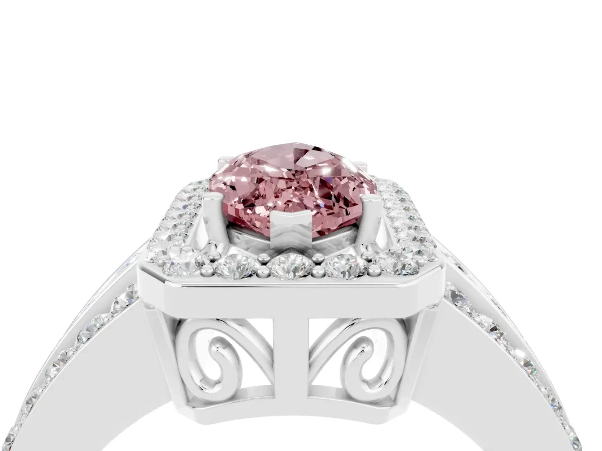 Marquise Cut Halo Morganite Ring with Round Split Shank and Prong Setting Silver