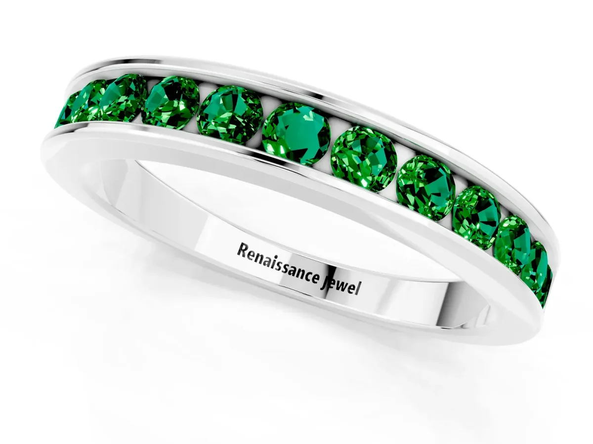 Channel Set Round Emerald Eternity Band Silver