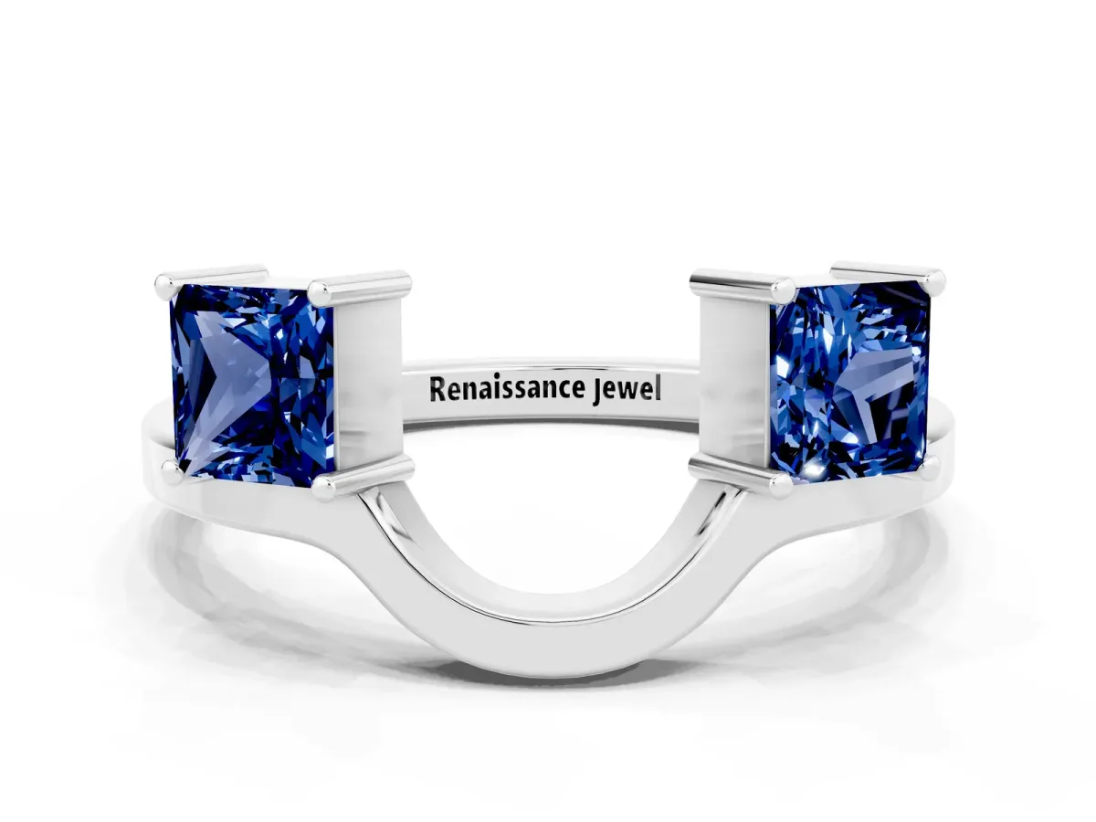 Princess Cut Blue Sapphire Two-Stone Open Band Ring with Four-Prong Setting White gold