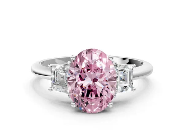 Fancy Pink Oval Cut Diamond Three-Stone Ring with Trapezoid Side Stones and Prong Setting Platinum