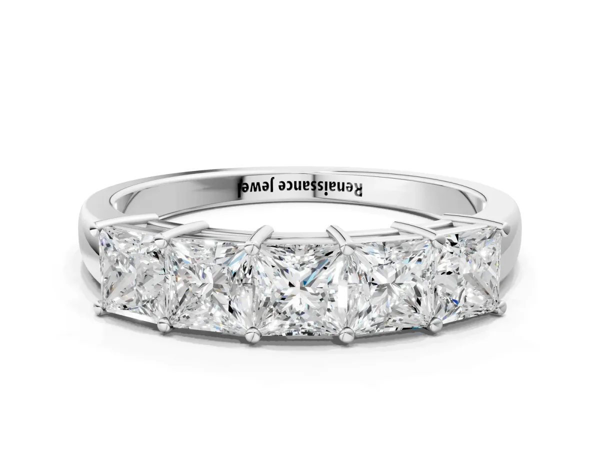 Princess Cut Five-Stone Diamond Band with Prong Setting Silver