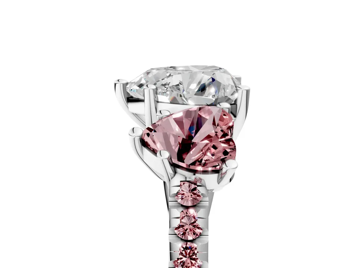 Three-Stone Heart Cut Diamond Ring with Round Morganite Pavé Band and Prong Setting Silver