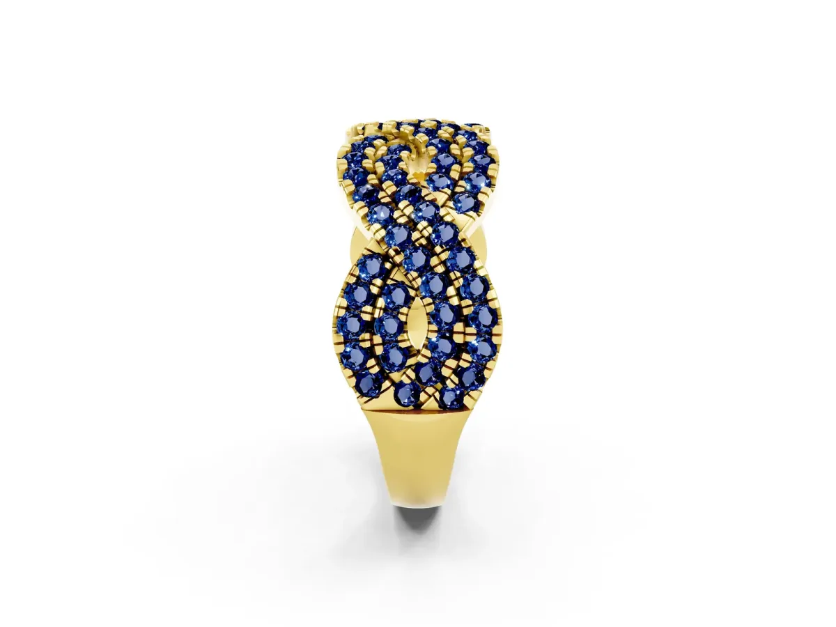 Pavé Round Blue Sapphire Infinity Twist Band with Shared Prong Setting Yellow gold