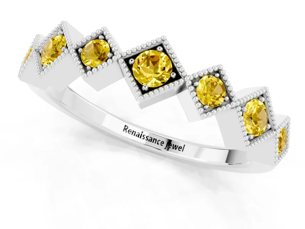 Milgrain Square Bezel Round Yellow Sapphire Chevron Band Silver