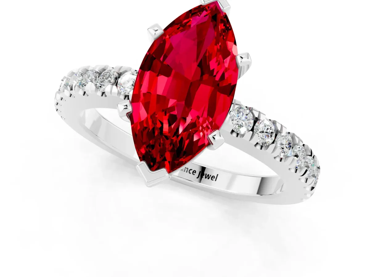 Marquise Cut Solitaire Ruby with Pavé Band and Four-Prong Setting Silver