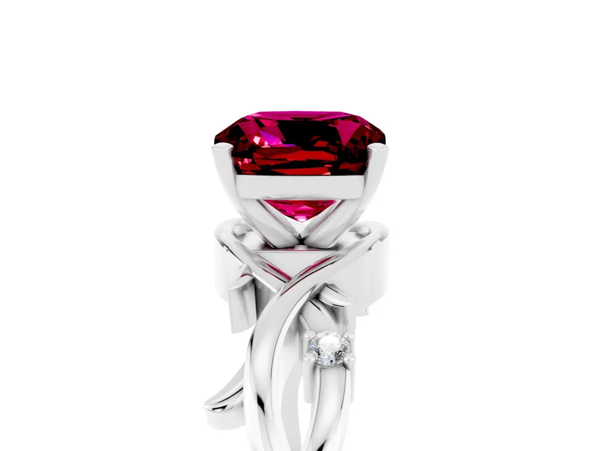 Cushion Cut Garnet Solitaire Ring with Twisted Band and Prong Setting Silver