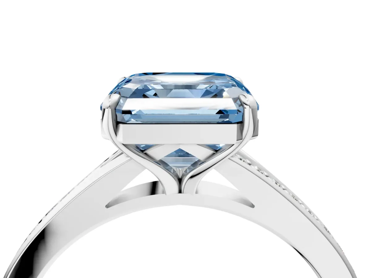 Fancy Blue Asscher Cut Diamond Solitaire Ring with Pavé Band and Prong Setting Platinum