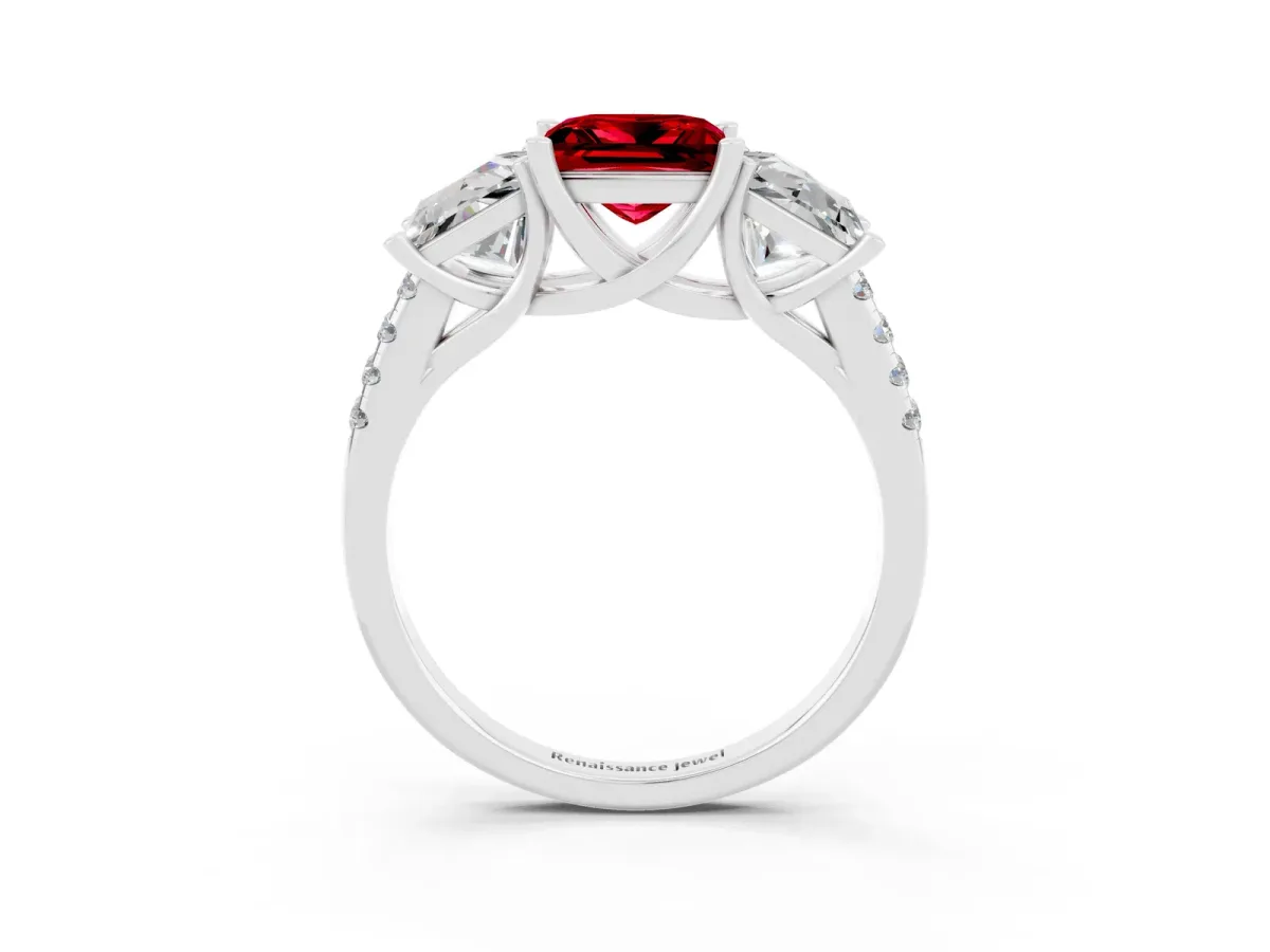 Three-Stone Princess Cut Ruby Ring with Round Pavé Band and Prong Setting Platinum
