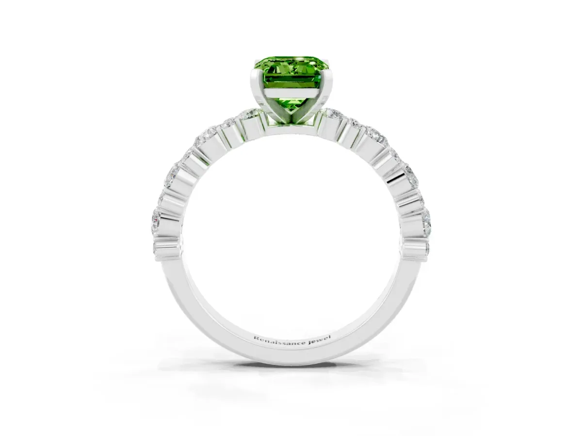 Emerald Cut Peridot Side Stone Solitaire Ring with Round and Four-Prong Setting Silver