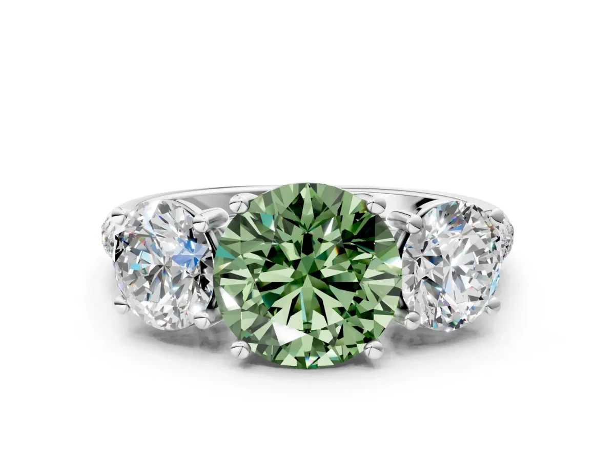 Fancy Green Three-Stone Round Cut Diamond Ring with Round Pavé Band and Prong Setting Silver