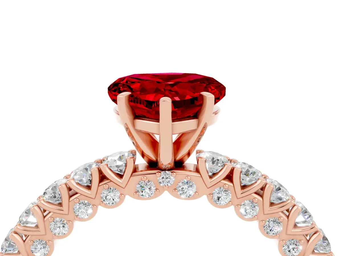 Heart Cut Ruby Solitaire Ring with Round Accent Pavé Band and Prong Setting Rose gold