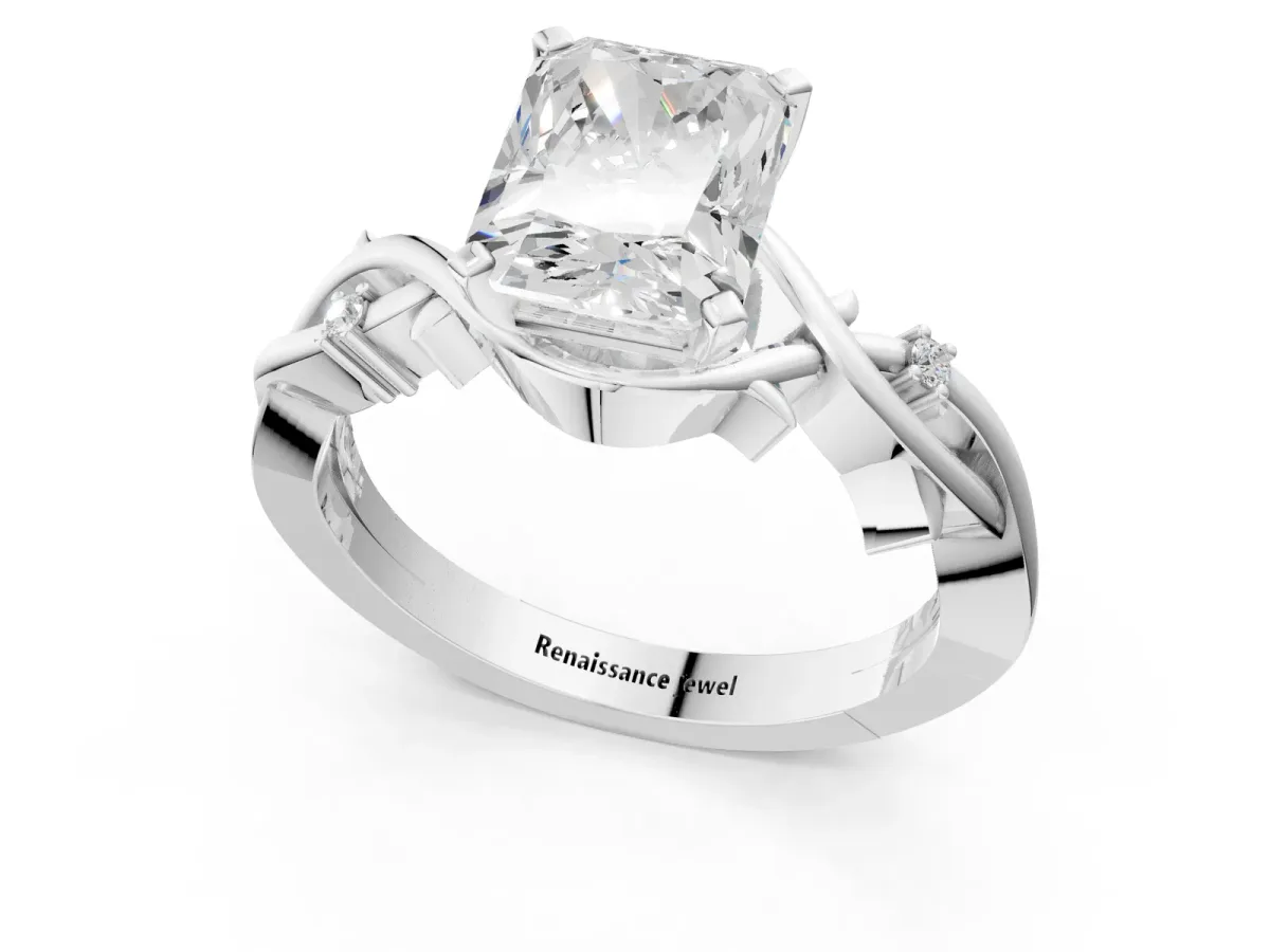 Radiant Cut Diamond Solitaire Ring with Twisted Band and Prong Setting White gold
