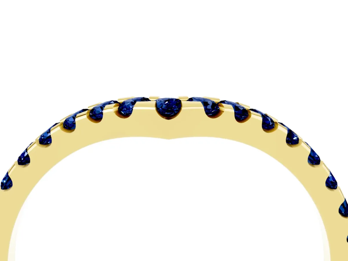 Pavé Round Blue Sapphire Chevron Band with Shared Prong Setting Yellow gold